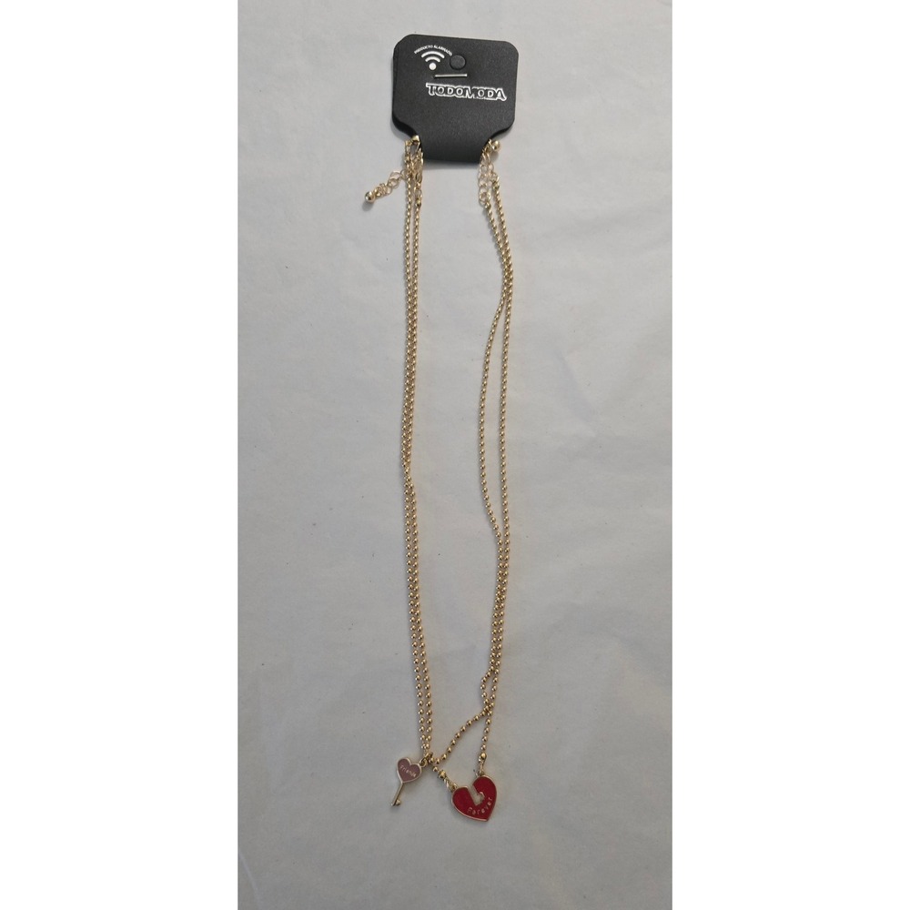 Todomoda Friends Forever Best Friend Necklace Set Gold Tone Heart Key Red Pink
